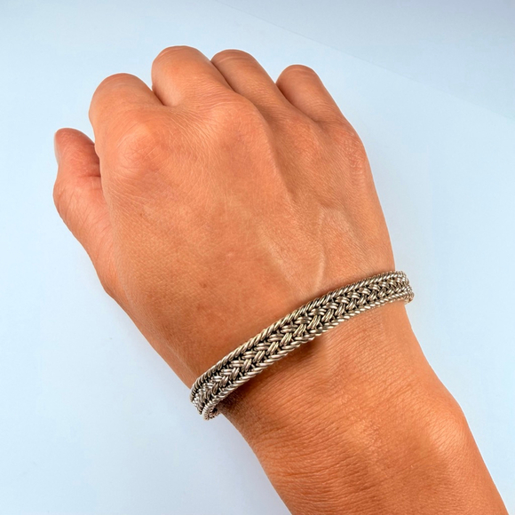 Classic Square Spiga Wheat 7.5mm Woven Braided 925 Sterling Silver VTG Bracelet - Picture 7 of 10